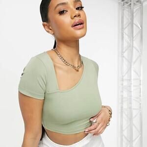 NASTY GAL • Sage Green Asymmetric Neck Line Super Crop Top